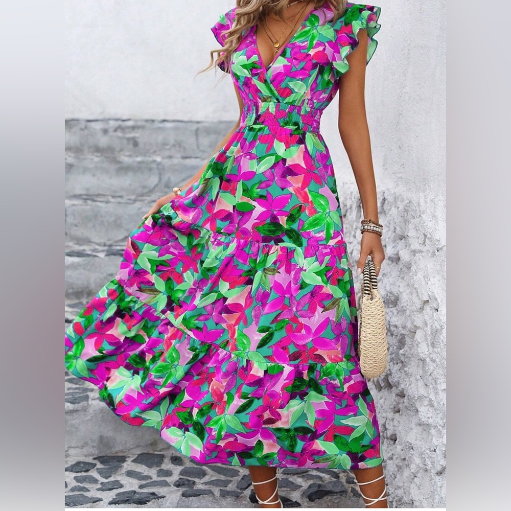 NEW Spring Women Floral Purple/Green Printed Shirred Vacation Beach Maxi Dress S